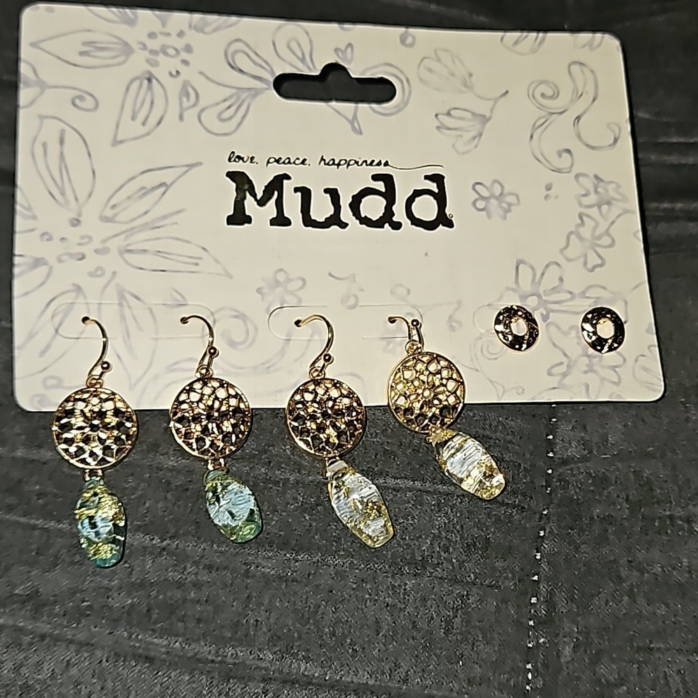 Mudd Women 3 Pack Pierced Gold Clear Blue Drop Flower Circle Stud Dangle Earring
